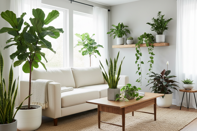 huiskamer met witte sofa en makkelijke kamerplanten