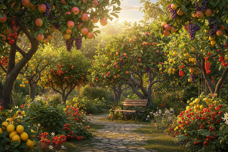 Tuin met tuinpad en fruitplanten en fruitbomen