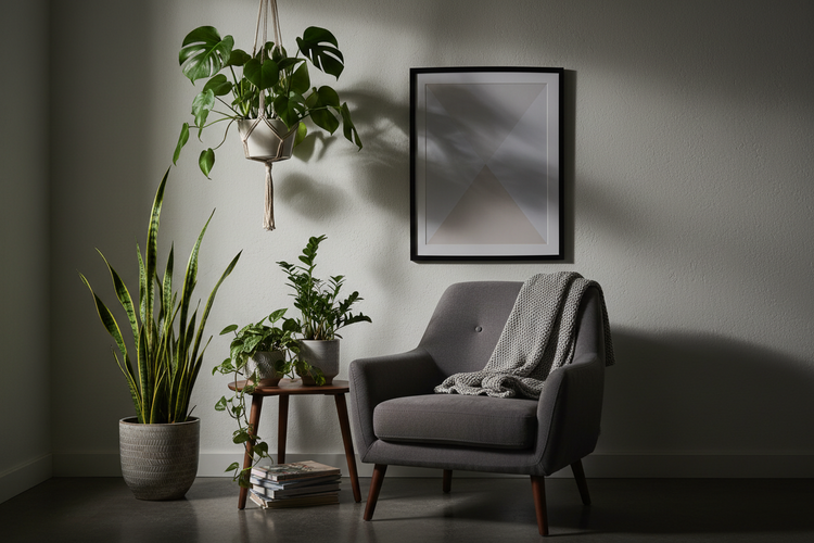 fauteuil in donkere kamerhoek met planten voor weinig licht