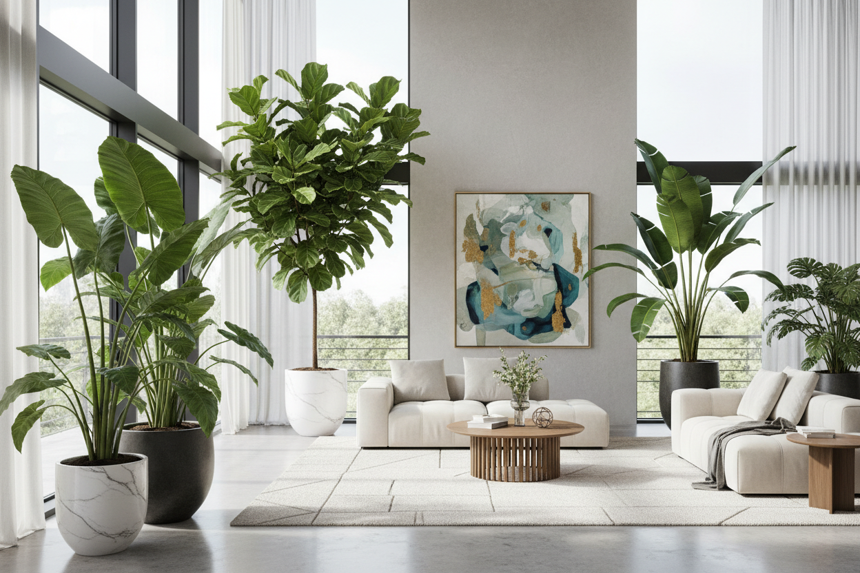 moderne hoge woonkamer design met XL kamerplanten