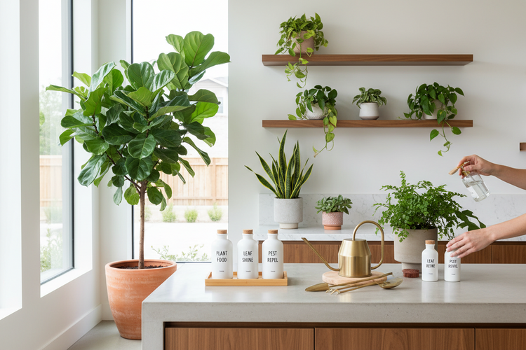Onderhoudsproducten voor planten op een keukenaanrecht