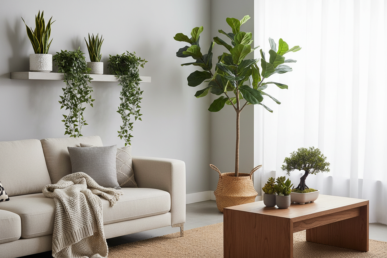 moderne woonkamer met witte sofa en kunstplanten