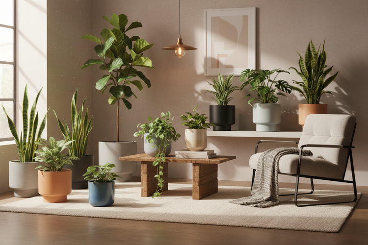 Bloempotten en plantenpotten in een lichte woonkamer