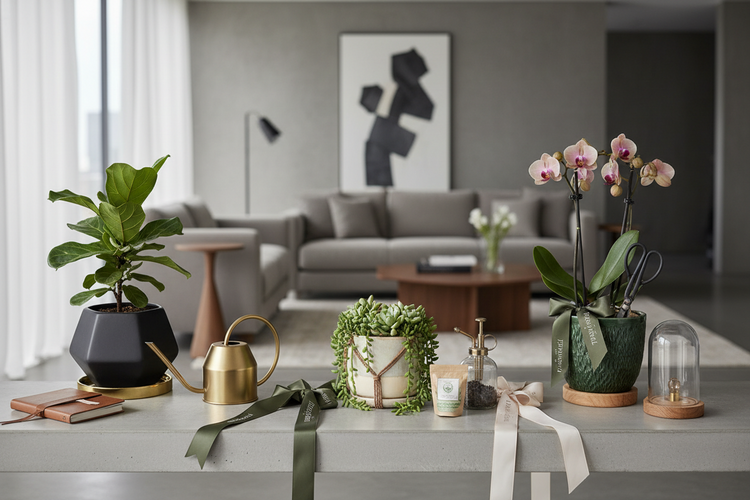 plantensets cadeaus in hedendaags interieur