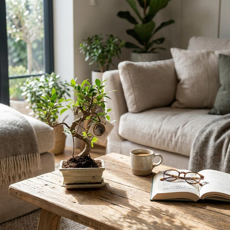 bonsai in pot in trendy woonkamer