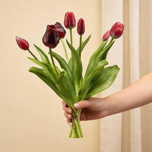 Tulpenboeket - Diep Rood - ‘Real Touch’ Kunsttulpen - 7 stelen - 42 cm